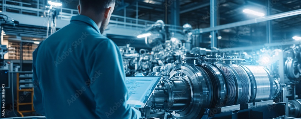 Aufkleber Engineer using digital tablet computer while working and monitoring production process in heavy industry manufacturing factory