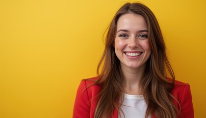 Naklejka premium Smiling woman in a red jacket against a yellow background 