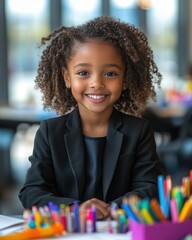 A young girl is sitting at a table with a bunch of colorful pens and pencils