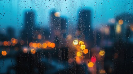 Fototapeta premium Cityscape viewed through a rainy window at night