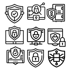 Shield icon set. Protect shield security line icons. Design elements for concept of safety and protection. Vector illustration.Cyber security glyph solid icons collection. 