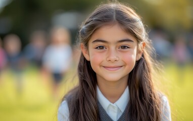 Fototapeta premium A girl with long blonde hair is sitting on the grass and smiling