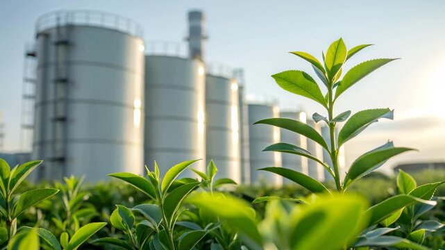 Hydrogen Storage concept. A close-up of vibrant green leaves with industrial silos in the background, showcasing a blend of nature and industry under a clear sky.