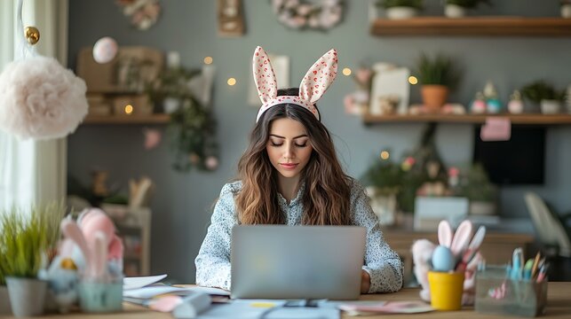 Modern office scene with woman in bunny ears checking planner and laptop with Easter decor