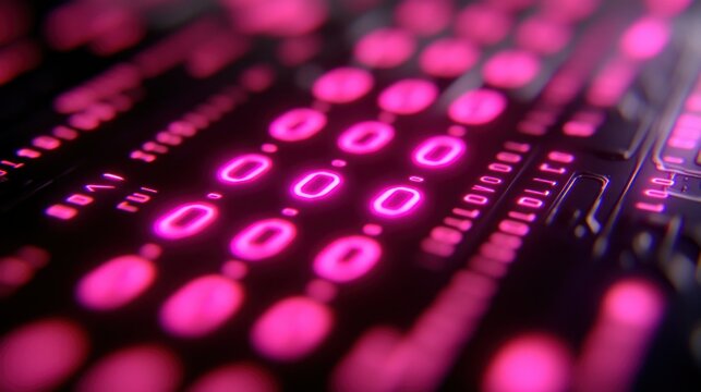 Futuristic Digital Binary Code Display: Abstract Pink Neon Glowing Circuit Board