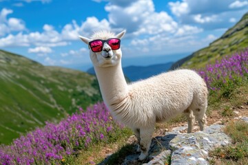 Fototapeta premium Cool white alpaca wearing sunglasses standing on mountain trail surrounded by flowers under blue sky in a humorous outdoor scene.