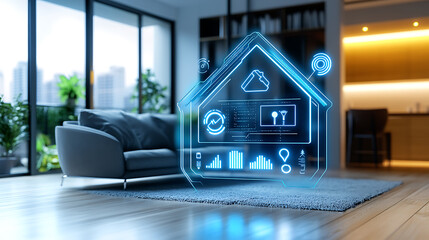Naklejka premium An AI powered home energy optimization system analyzing power consumption and adjusting settings for maximum efficiency, Smart home technology style, photo of