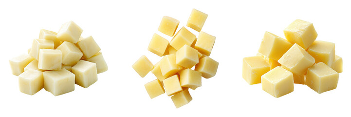 Three variations of cubed creamy yellow cheese.