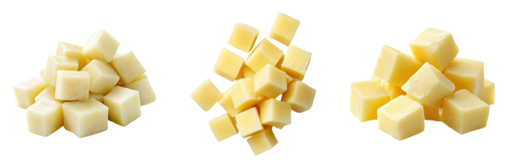 Three variations of cubed creamy yellow cheese.