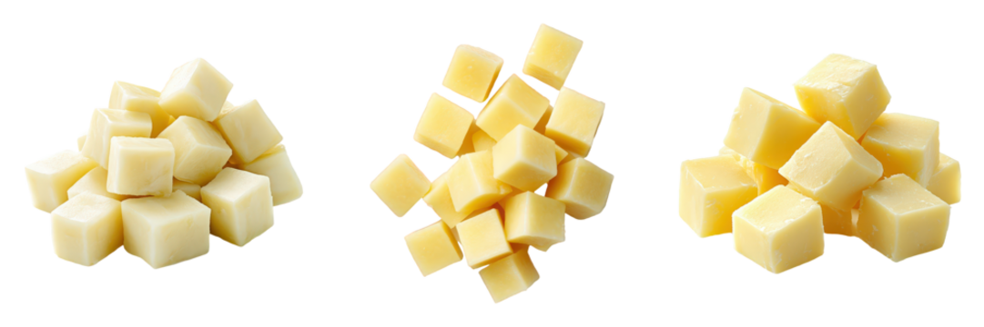Three variations of cubed creamy yellow cheese.