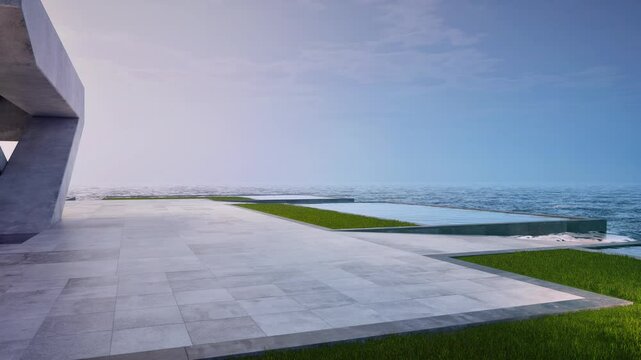 Empty concrete floor terrace near water in pond. 3d rendering of abstract gray building with sea and clear sky background.