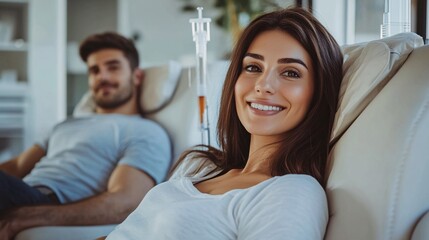 Young woman smiling while receiving treatment with iv drip