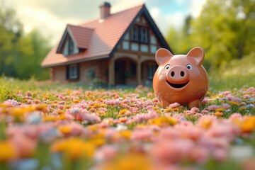 Piggy bank in flower meadow, cottage in background. Bright & warm financial image