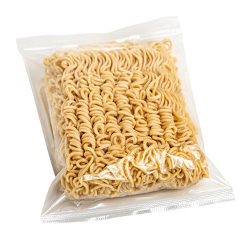 A sealed pack of uncooked instant noodles, showcasing their unique curly texture in a compact form.