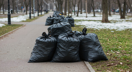 Piles of Black Garbage Bags Lining a Park Path in Winter  