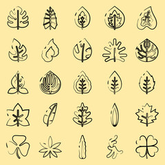 Icon set of leaves. Plant leaves elements. Icon in hand drawn style.