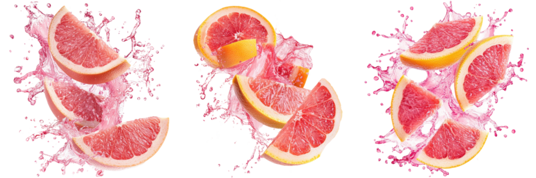 Juicy grapefruit wedges splash in refreshing pink liquid.