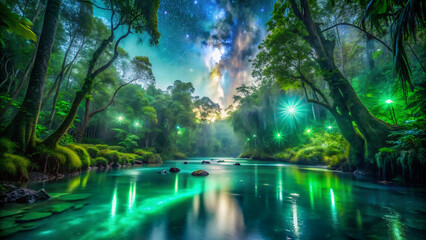 Fototapeta premium Green Glowing Enchanted Forest with Starry Sky and Stream