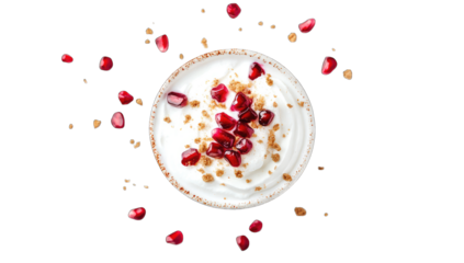 a bowl of whipped cream topped with pomegranate seeds and crumbled cookies presented on a white background showcasing a delicious and visually appealing dessert