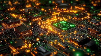Obraz premium Futuristic Green Circuit Board with Illuminated Components and Glowing Connections