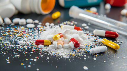 Colorful capsules and tablets scattered on dark surface, surrounded by powder and medical equipment, evoke sense of urgency and care
