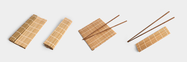 set of sushi bamboo and chopstick isolated on white background