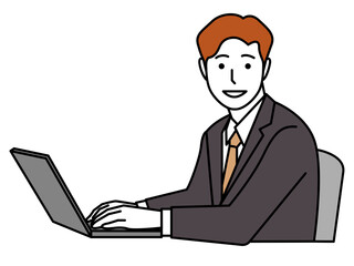 顔が正面向きの横から見たパソコンを操作する男性。その2