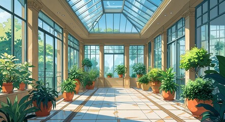 elegant atrium with glass ceiling and potted plants anime cartoon style illustration artwork design background