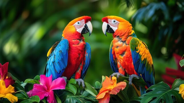 Colorful parrots among vibrant flowers