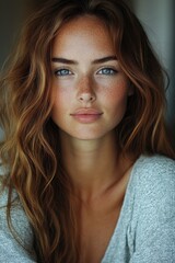 Naklejka premium Portrait of a blue-eyed woman with red hair and a gray sweater