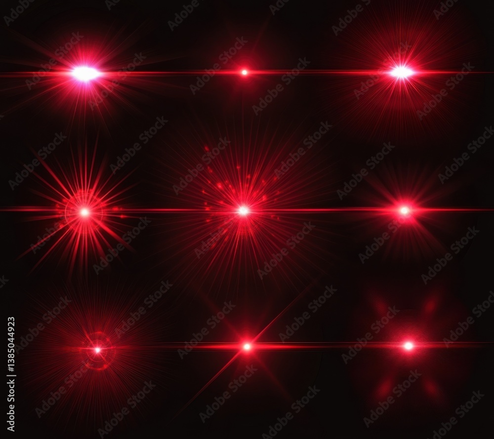 Poster red laser light effect, set of red glowing lights isolated on black background. glowing lens flare o