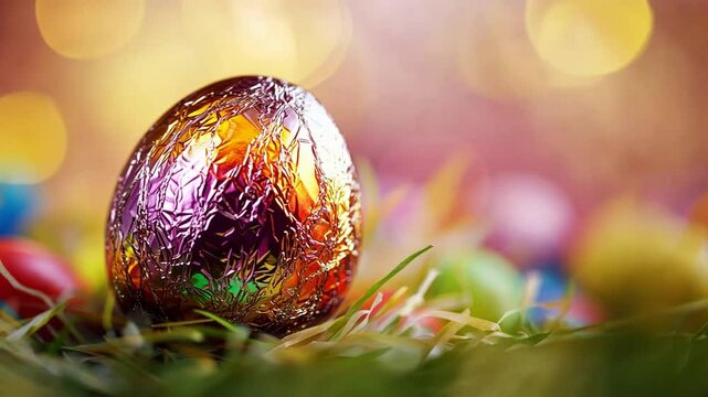 A single foil-wrapped Easter egg in a nest of pastel-colored grass