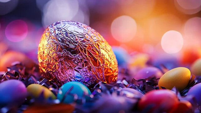 A single foil-wrapped egg among colorful others in a nest