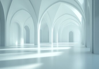 3D rendering of white arches and columns in the interior of an empty room with light rays, floor perspective