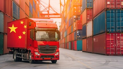 Red truck hauling Chinese flag transporting cargo containers at sunset, illustrating maritime trade and economic strength