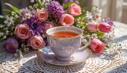 Obraz premium lavender tea cup on a lace tablecloth next to the window. There is a bouquet of spring flowers on the background: tulips and muscari, creating a bright and cozy atmosphere.