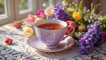 Fototapeta premium lavender tea cup on a lace tablecloth next to the window. There is a bouquet of spring flowers on the background: tulips and muscari, creating a bright and cozy atmosphere.