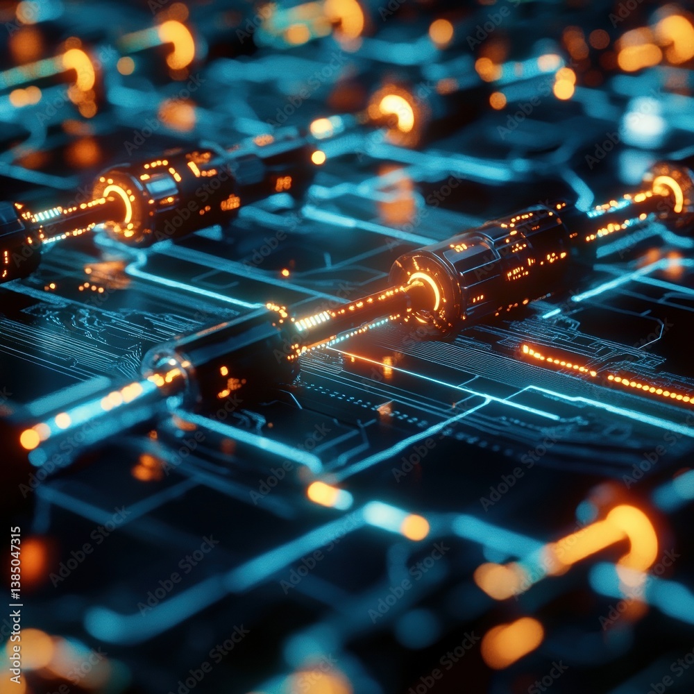 Fototapete ..a network of black cubes connected by glowing orange lines. Bright pictographs are visible on the sides of the cubes, creating the effect of a futuristic electronic circuit.