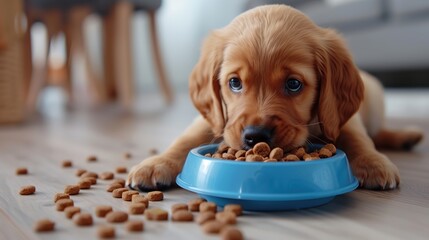 Playful puppy munching kibble from blue bowl, food scattered nearby, embodying adorable home comfort