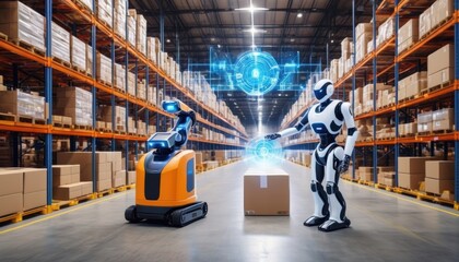 Inside a modern warehouse with tall orange shelves and boxes. Two robots, one of which interacts with the box, emphasize automation and high technology.