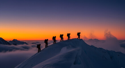 Fototapeta premium Mountaineers ascending a snow-covered peak at sunset, against mist and swirling snow.