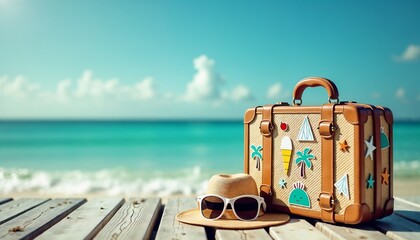 Stylish rattan suitcase with travel stickers, summer hat, and sunglasses standing on a beach deck by the turquoise sea in a sunshine for tropical vacation and summer escape themes