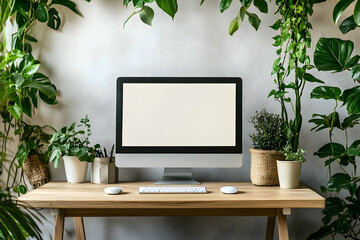 Invigorating Workspace, A Modern Desk Setup with Lush Green Plants Around