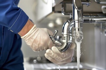 Skilled plumber wearing protective gloves, fixing leaking kitchen sink siphon, preventing water damage and maintaining drainage system