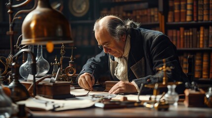 Mature historian using vintage quill, working at wooden desk amid rare books and historical artifacts