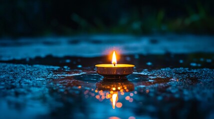 Candlelight casts a moody ambiance on rain-soaked ground in the evening