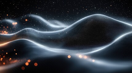 Obraz premium Abstract Glowing Waves with Dots and Light Particles on Dark Background in Digital Art Style