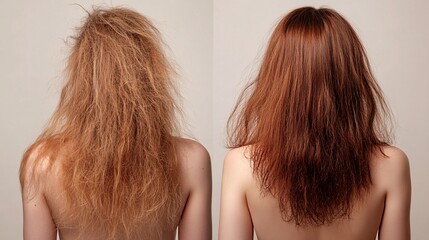 Woman showing damaged hair before and after treatment