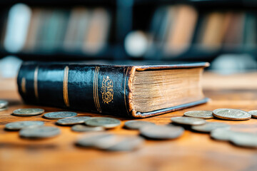 Minimalist composition featuring a rare antique leather bound book and vintage coins on wooden table for interior decor and educational themes
