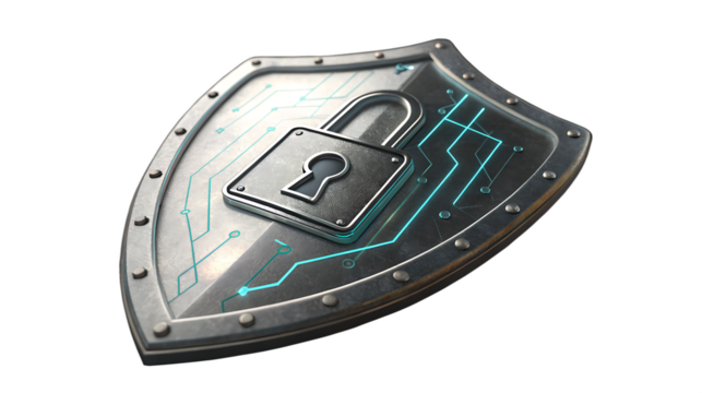Cybersecurity Shield with Digital Lock Icon – 3D Security Concept Isolated on White Background